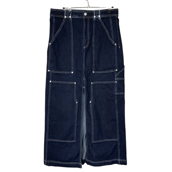 NWT Pilcro Carpenter Maxi Skirt Denim Size 12 Cotton Stretch Dark Wash
